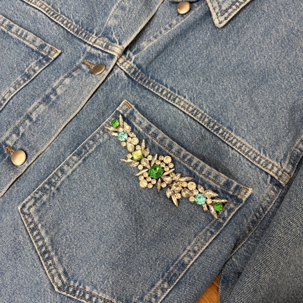 Zara Jean Jacket Rhinestones Raw Hem Streetwear Size Small Feminine Chic - Picture 11 of 15